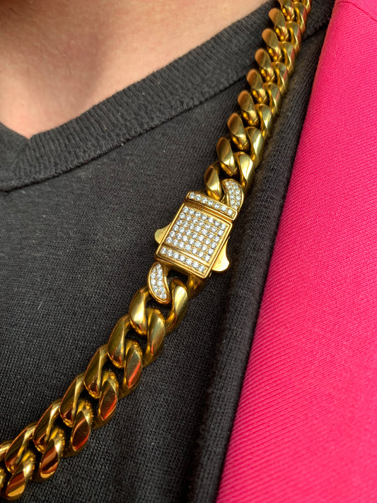 12mm | Iced Out Mens Miami Cuban Link Chain | 18K Gold | CZ Stones