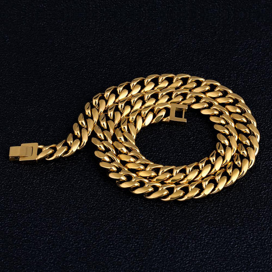 Wholesale Hip Hop Necklace 10mm Stainless Steel Miami Cuban Link Chain in 18K Gold For Men