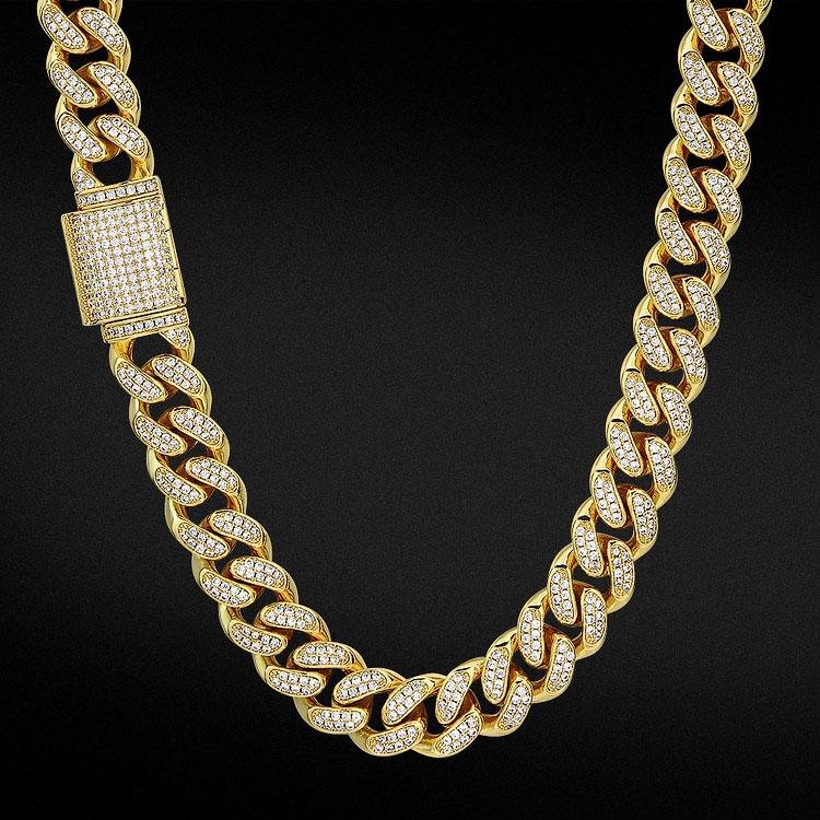 12mm | Iced Out | Mens Miami Cuban Link Chain | White Gold, 14k Gold