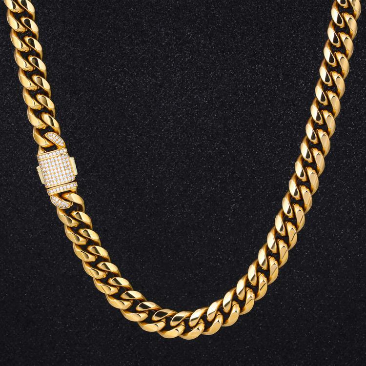 Wholesale KRKC 12mm Stainless Steel Miami Cuban Link Chain In 18K Gold With CZ Stone Zircon Buckle For Men