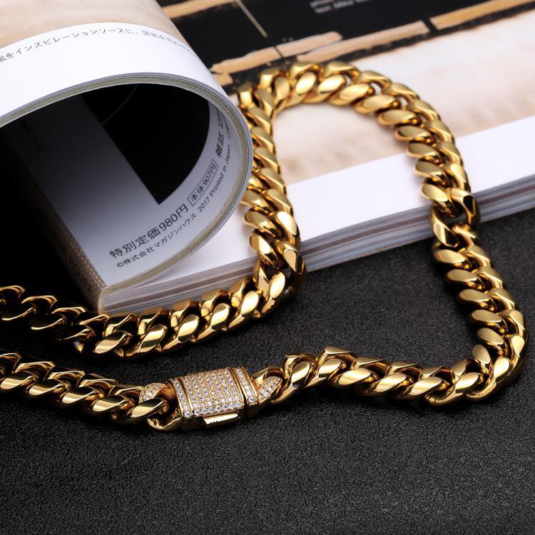 Wholesale KRKC 12mm Stainless Steel Miami Cuban Link Chain In 18K Gold With CZ Stone Zircon Buckle For Men