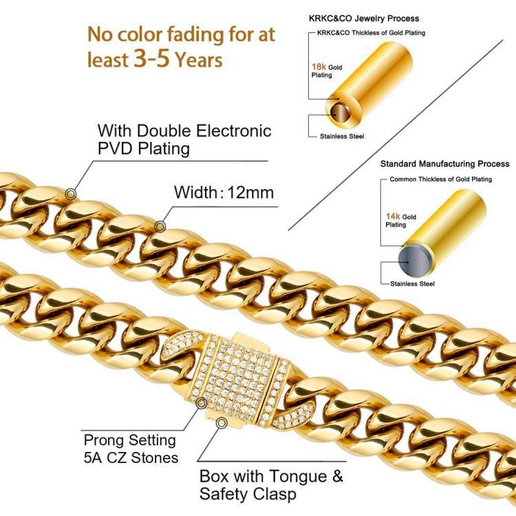 Wholesale KRKC 12mm Stainless Steel Miami Cuban Link Chain In 18K Gold With CZ Stone Zircon Buckle For Men