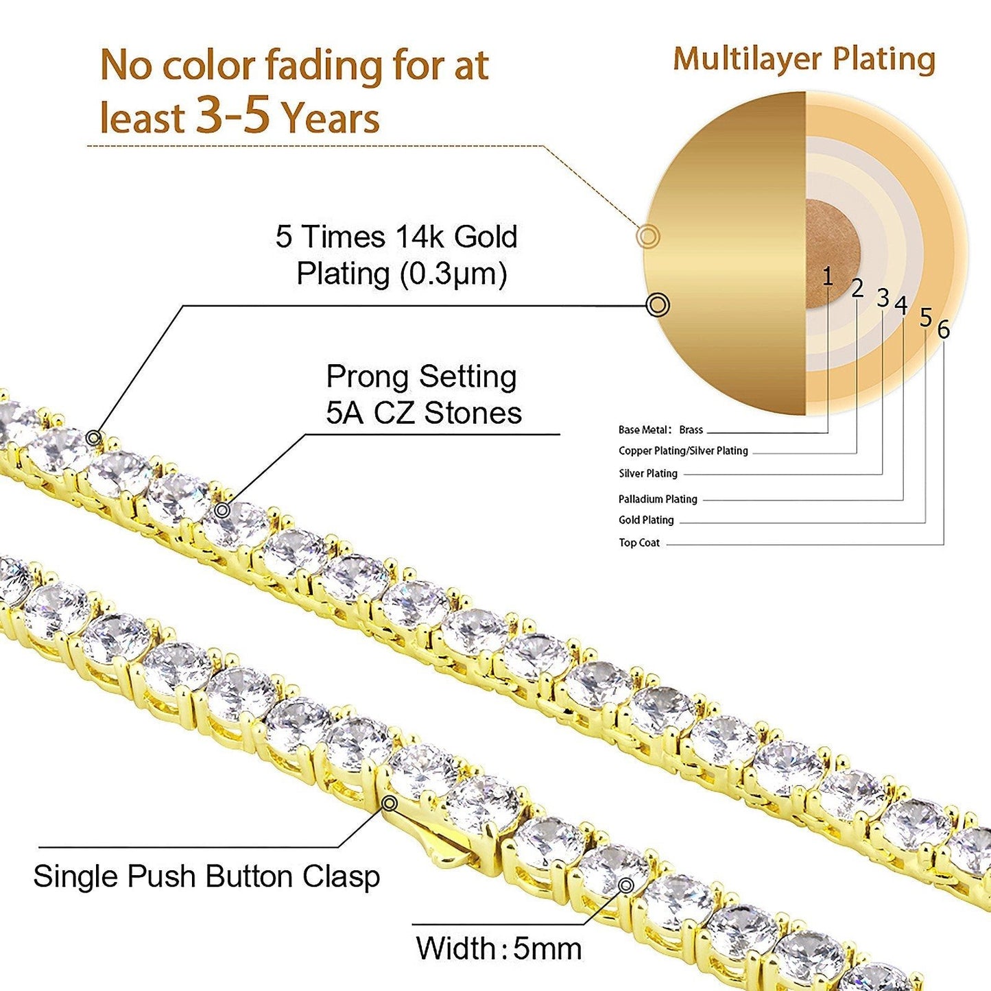 Wholesale Hip Hop Necklaces 5mm Iced Out Diamond Tennis Chain Plated 14K Gold Fashion Jewelry