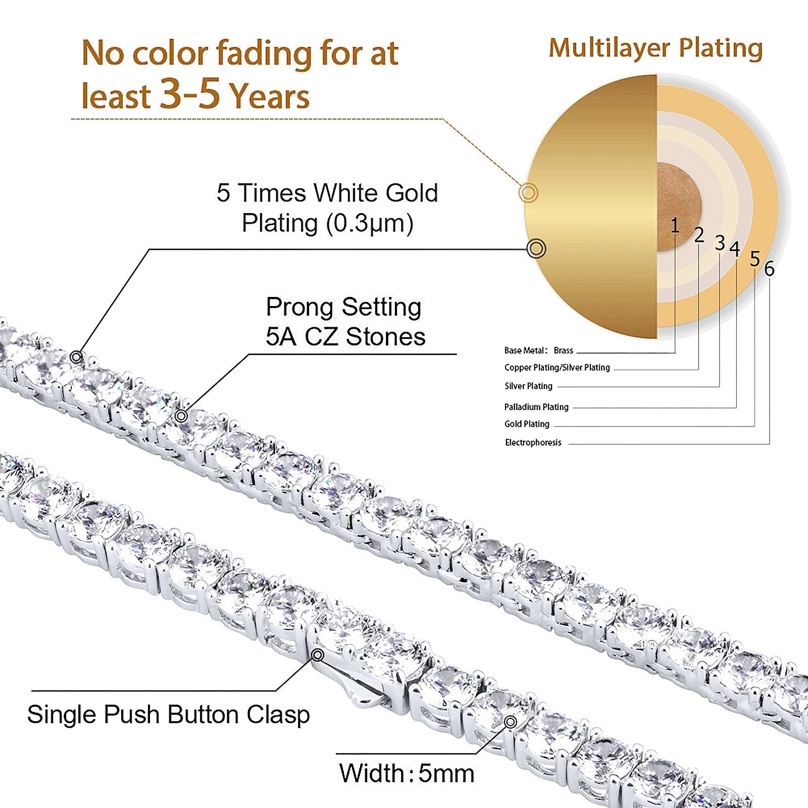 Wholesale 5mm 925 Sterling Silver Tennis Chain With Diamond CZ Plated White Gold Plated