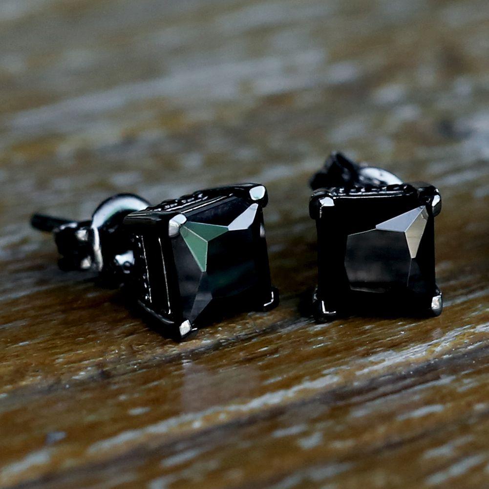 S925 Sterling Silver Stud Earrings Faceted | Black Diamond CZ