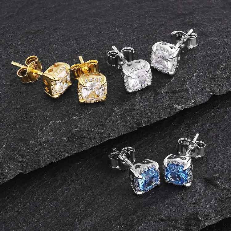 925 Sterling Silver | Stud Earrings | Iced Square | Princess Cut CZ