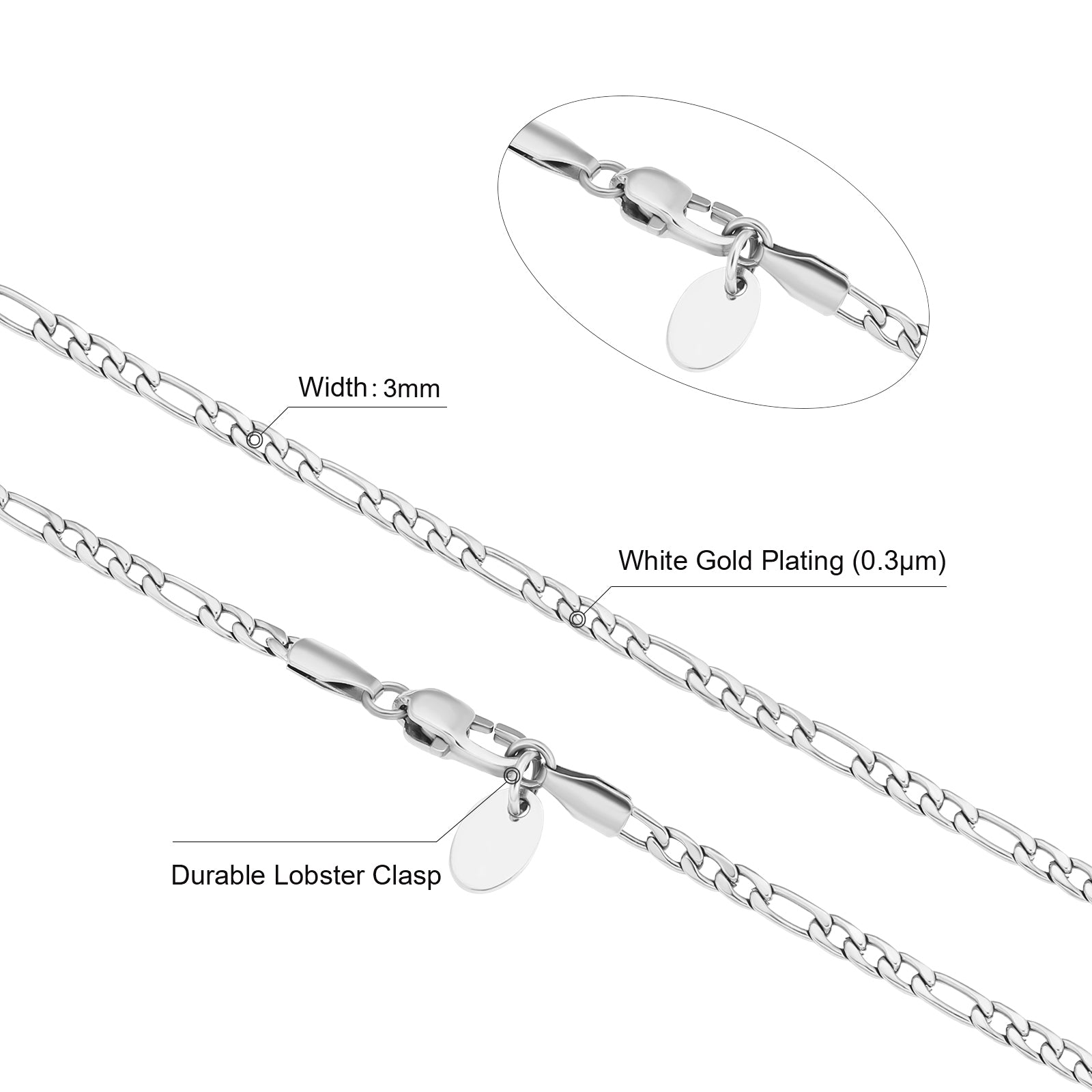 Figaro Chain | 3mm | 18k White gold Plated