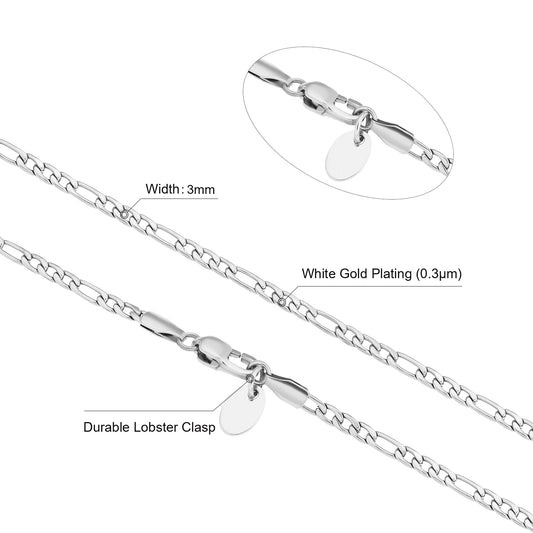 Figaro Chain | 3mm | 18k White gold Plated