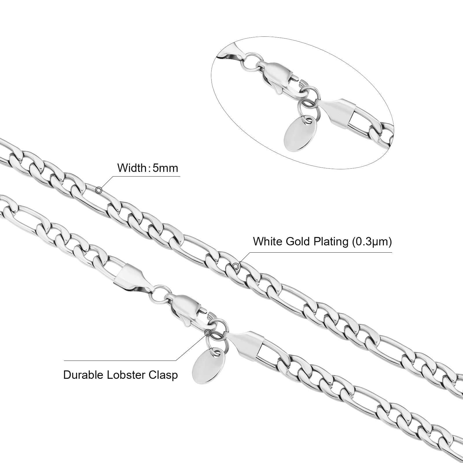 Figaro Chain | 5mm | 18k White Gold Plating