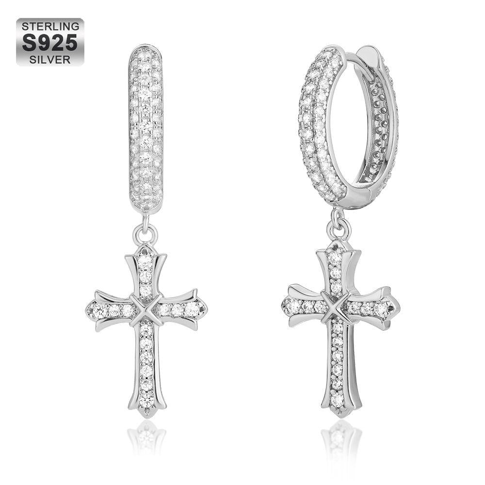 Dangle Hoop & Cross | Fully Iced out CZ Earrings