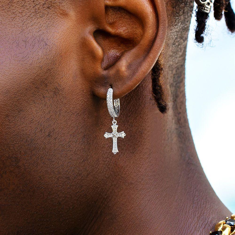 Dangle Hoop & Cross | Fully Iced out CZ Earrings