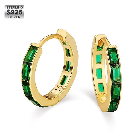 Hoop & Baguette | Emerald, CZ Birthstone Earrings