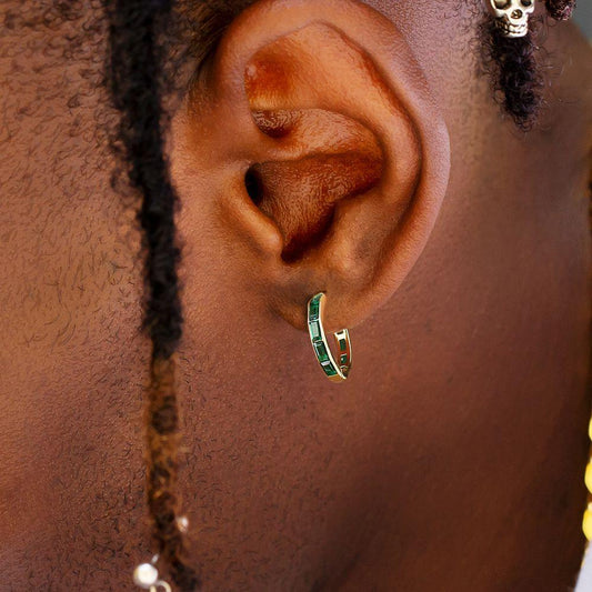 Hoop & Baguette | Emerald, CZ Birthstone Earrings