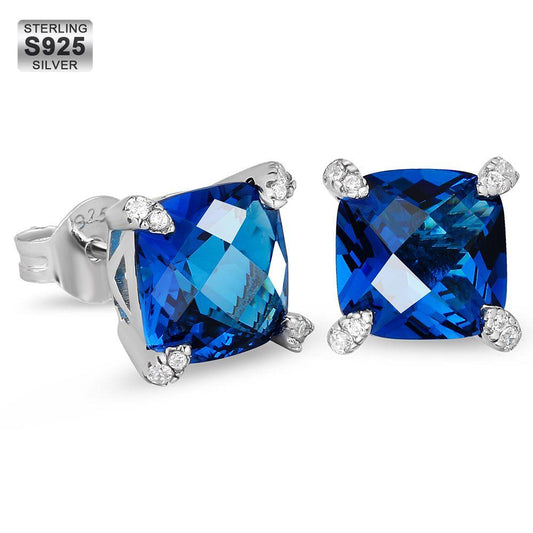 S925 Sterling Silver Stud Earrings Faceted | Sapphire CZ