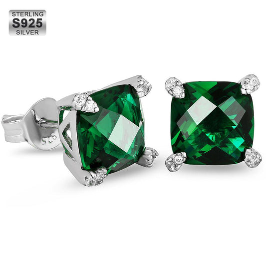 S925 Sterling Silver Stud Earrings Faceted | Emerald CZ