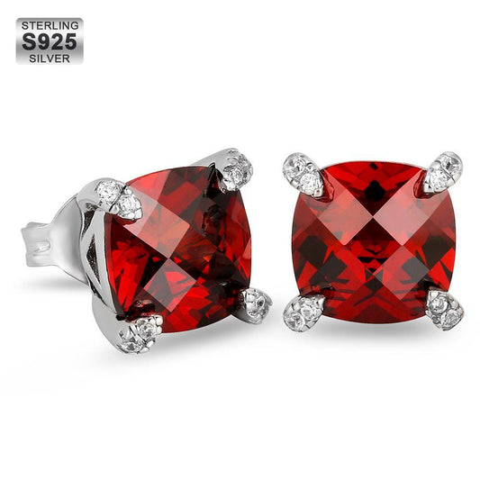 S925 Sterling Silver Stud Earrings Faceted | Ruby CZ