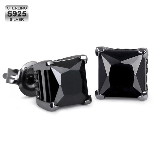 S925 Sterling Silver Stud Earrings Faceted | Black Diamond CZ