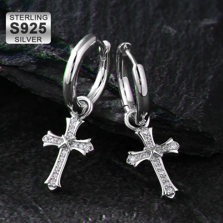 Hip Hop Earrings 15mm 925 Sterling Silver Diamond CZ Iris Hoop Dangle Cross Men's Earrings in White Gold