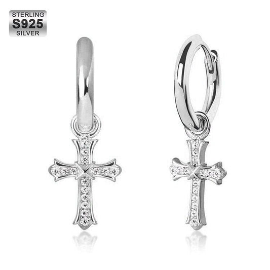 Hip Hop Earrings 15mm 925 Sterling Silver Diamond CZ Iris Hoop Dangle Cross Men's Earrings in White Gold