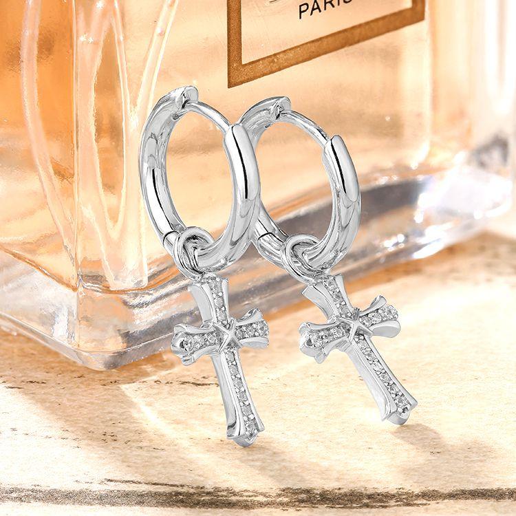 Hip Hop Earrings 15mm 925 Sterling Silver Diamond CZ Iris Hoop Dangle Cross Men's Earrings in White Gold