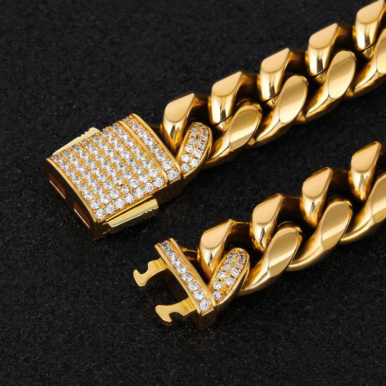 Wholesale KRKC 12mm Stainless Steel Miami Cuban Link Chain In 18K Gold With CZ Stone Zircon Buckle For Men